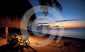 Wooden table and chairs on a scenic beach at sunset. AI-generated.