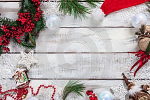 The wooden table with Christmas decorations