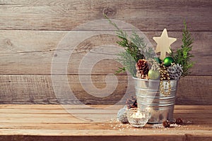 Wooden table with Christmas holiday decorations and copy space