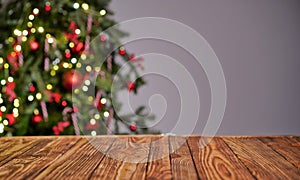 Wooden table with Christmas or new year background. Empty space on the table for product display