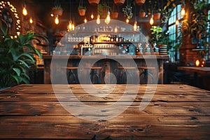 Wooden table at a city bar, made from hardwood plank with dark varnish