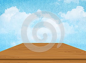 Wooden table with cloud and blue sky. Vector