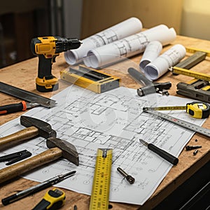 Wooden table cluttered with construction tools and architectural blueprints. A