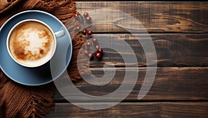 Wooden table with coffee cup, saucer, and frothy cappuccino generated by AI