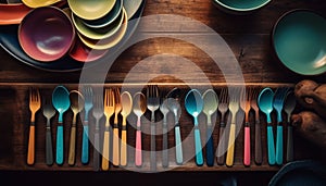 Wooden table with colorful crockery and kitchen utensils, a spoon generated by AI