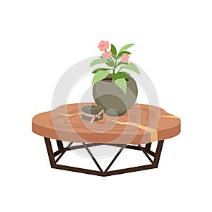 Wooden table, cozy table with flowers and candle, wood top of circle shape and metal legs