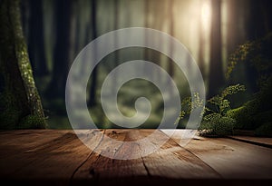 Wooden table created to display product advertising in a green forest background