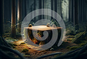 Wooden table created to display product advertising in a green forest background blur