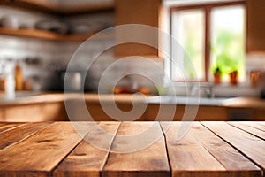 Wooden table deck table with a blurred kitchen background.