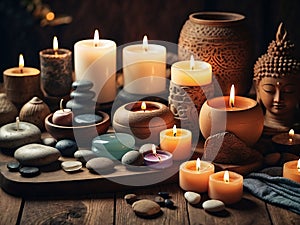 Wooden table decorated for spa procedures with several soft glowing candles, smooth river stones and bamboo plants