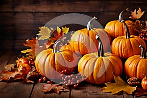 The wooden table decorated with vegetables, pumpkins and autumn leaves.