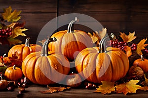 The wooden table decorated with vegetables, pumpkins and autumn leaves.