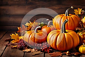 The wooden table decorated with vegetables, pumpkins and autumn leaves.