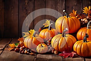 The wooden table decorated with vegetables, pumpkins and autumn leaves.