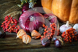 The wooden table decorated with vegetables, pumpkins and autumn leaves. Autumn background. Schastlivy von Thanksgiving