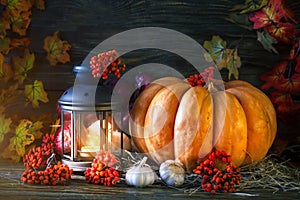 The wooden table decorated with vegetables, pumpkins and autumn leaves. Autumn background. Schastlivy von Thanksgiving