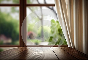 Wooden table on defocuced window with curtain background