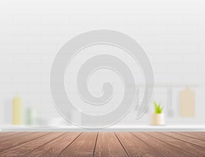 Wooden table on a defocused kitchen interior background