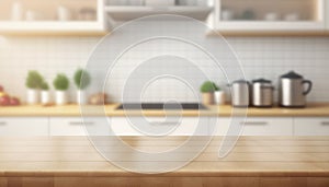 Wooden table with a defocused kitchen room. For montage product display. Copy space. Generative ai