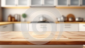Wooden table with a defocused kitchen room. For montage product display. Copy space. Generative ai
