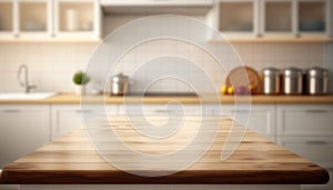 Wooden table with a defocused kitchen room. For montage product display. Copy space. Generative ai