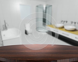 Wooden table with defocussed contemporary bathroom