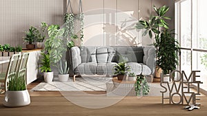 Wooden table, desk or shelf with potted grass plant, house keys and 3D letters home sweet home, over dining and living room,