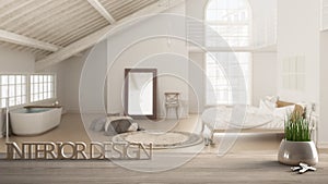 Wooden table, desk or shelf with potted grass plant, house keys and 3D letters, words interior design, over blurred loft with bedr