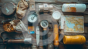 wooden table displaying collection of camping gear, including compass, folding knife, flashlight and map of the area