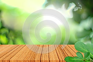 Wooden table for displaying products with a background of blurred green trees.