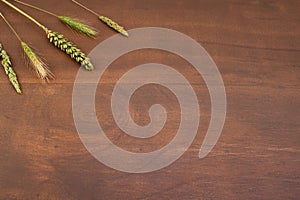 Wooden table with ears of wheat and rye with copy space