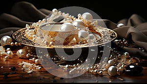 Wooden table, elegant crockery, gold jewelry, antique coffee cup, shiny saucer generated by AI