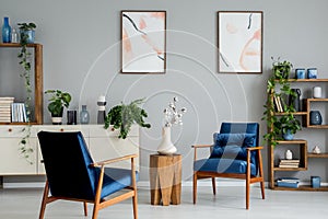 Wooden table with flowers between blue armchairs in grey interior with posters and plants