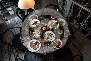 Wooden table with food, top view