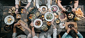 Wooden table with food, top view photo
