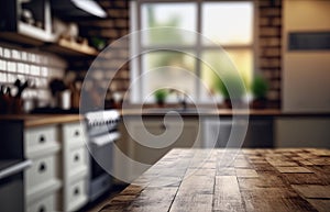 Wooden table foreground and blurred kitchen background.