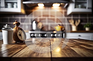 Wooden table foreground and blurred kitchen background.