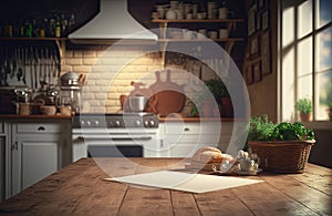 Wooden table foreground and blurred kitchen background.