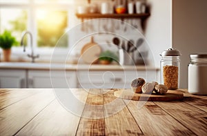 Wooden table foreground and blurred kitchen background.