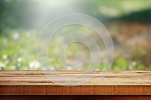 Wooden table and fresh leaves with blurred nature garden background. Spring nature season.