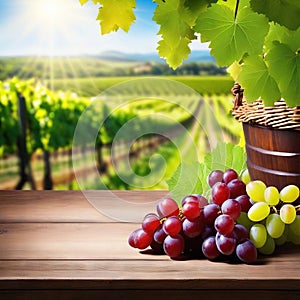 Wooden table with fresh red grapes and free space on nature blurred vineyard Generated