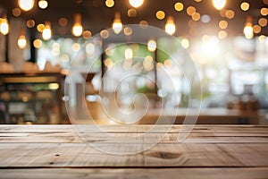 Wooden table in front of abstract blurred restaurant background Ai photo