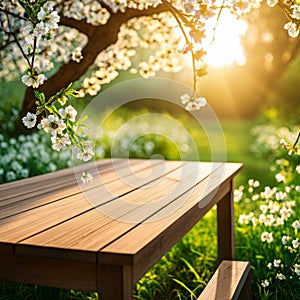 Wooden table in front of blooming apple trees in spring garden