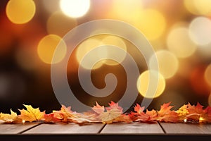 Wooden table in front of blurred autumn leaves background. Ready for product display montage.