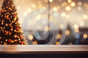 Wooden table in front of blurred background with Christmas tree and bokeh