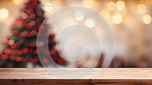 Wooden table in front of blurred christmas tree with bokeh lights