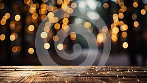 Wooden table in front of blurred christmas tree with bokeh lights