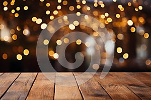 Wooden table in front of bokeh blurred lights restaurant background holiday type mockup image