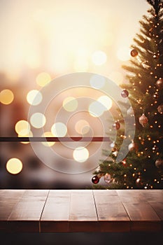 Wooden table in front of christmas tree with bokeh background