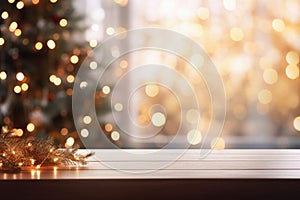 Wooden table in front of defocused christmas tree with lights